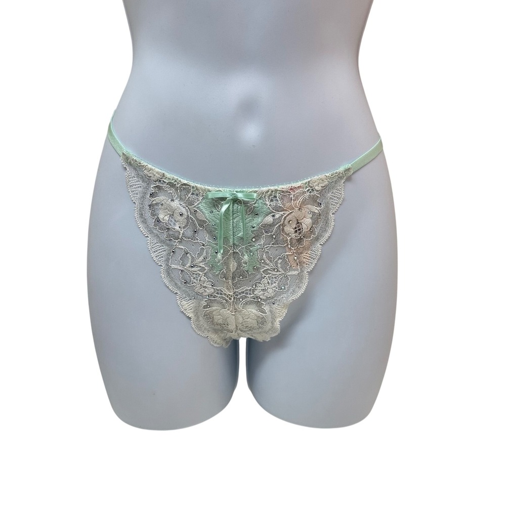 Victorias Secret Very Sexy Mint Lace Rhinestone V-String Panty M 10860728 1AA0
